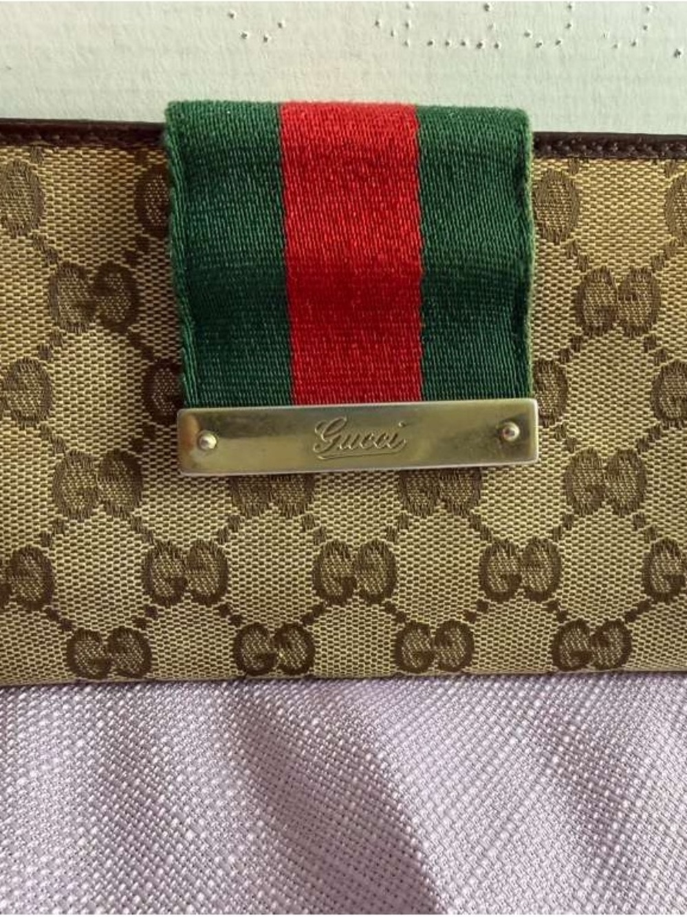 Gucci Beige/Brown Monogram Wallet with Green and Red Web Accent